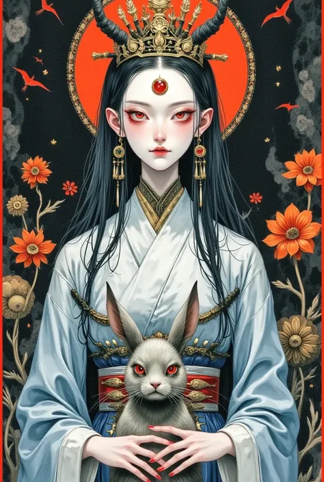 A painting of a woman in a kimono wearing a crown and a rabbit,  with loose hair，A detailed painting inspired by Cheng Yanjun ,  is popular in the CG society , Aestheticism, Gu Weiss,  yanjun chengt , artwork in the style of Gu Weiss,  krenz cushart and we...