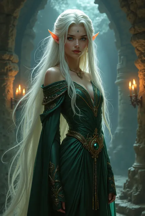 High elf de dongeon et dragon au long cheveux platine et aux yeux vairons (Gris et vert). 