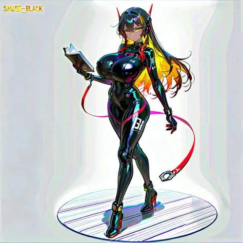 (((masterpiece))), (((Best Quality))), ((Ultra-detailed)), (High Definition anime Illustration), ((extremely delicate and beautiful)),((1 mechanical girl)),solo, Full body, shaggy jet-black longhair, gold eyes, tan skin,((Fitting Thin black bodySuit)),An a...