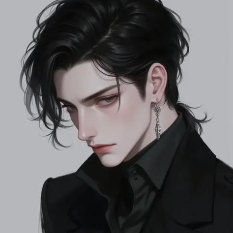 black suit
Formidable
Sharp eyes
Cool mafia
Small Silver chain earring
scoR e_9,scoR e_8_up,scoR e_7_up,Solo,looking at vieweR ,R , wearing black shirt, shirt sleeves folded,comma hair style,black  haiR , 1boy , ,bdsm,man, masculine nsfw ,simple gray backg...