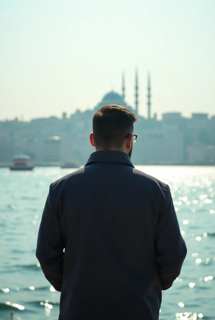   An imaginary picture shows a person by the sea in Istanbul, Turkey. The person wears glasses and has a moderate body, is not fat and photographed from behind