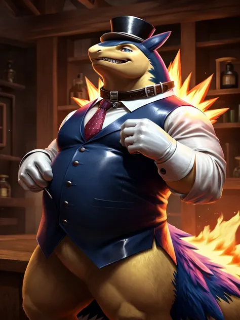 Solo, Male, close up, fat, musclegut, obese, steampunk, gentleman, dapper Typhlosion, blue eyes, wearing a big leather collar around his neck, (soft shading), 4k, hi res, ((detailed face, detailed)), looking at viewer, evil grin, collared shirt with button...