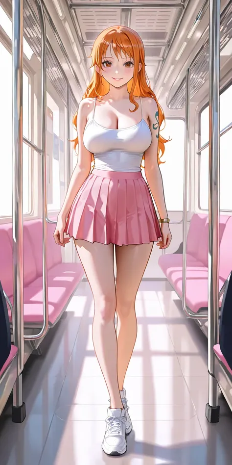 Masterpiece, newest, vibrant, very aesthetic, high contrast, mature woman, nami\(one piece\), white color spaghetti strap top, pink color pleated mini skirt, white sneakers, full body, happy face, standing on the bus, best quality, semrealistic, cowboy sho...