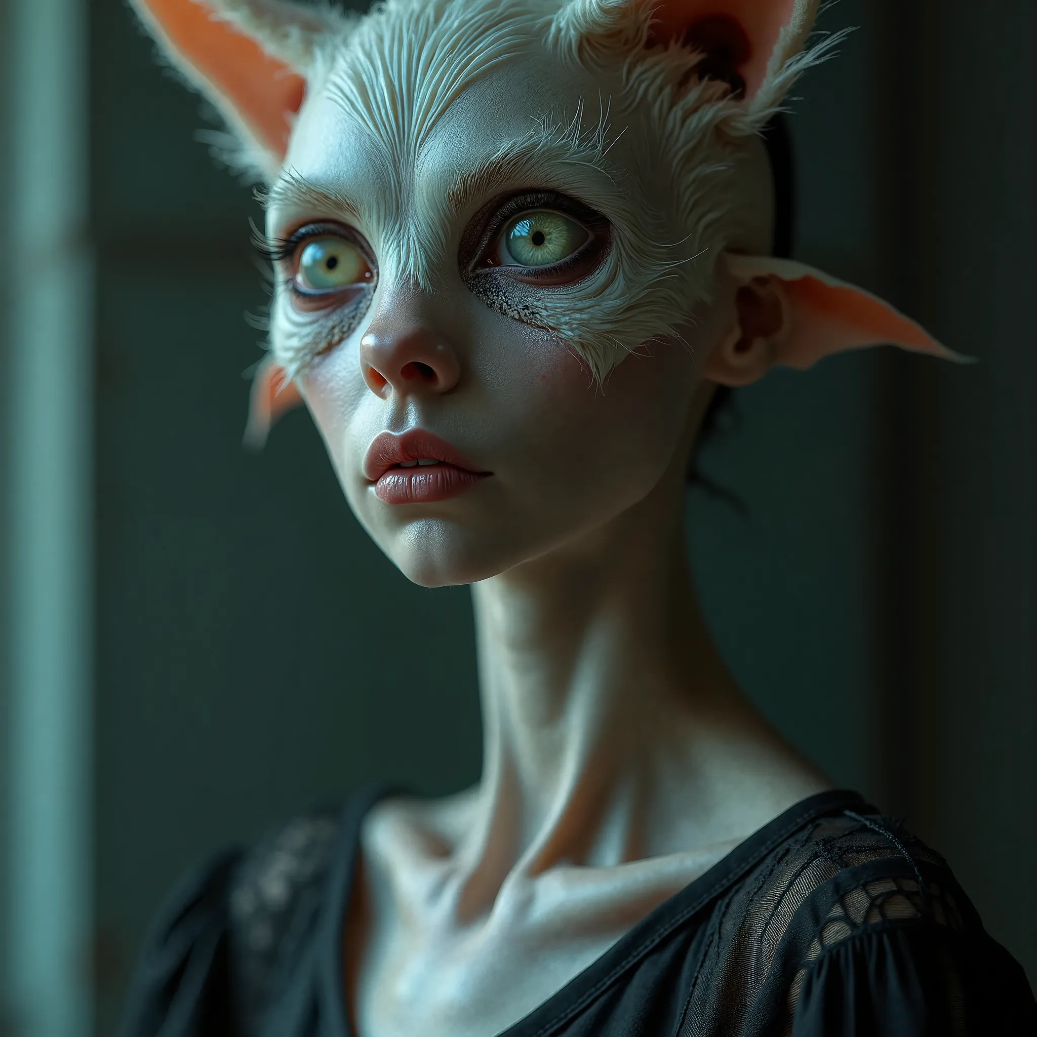 wideshot, SKIN AND FUR MACRO-PHOTOGRAPHY, (highly detailed SKIN TEXTURE) (24yo skinny anorexic gothic punk girl, slender skinny anorexic demon woman with enormous eyes) (STRETCHED SKIN OVER CHEEKBONES), ((top quality, 8k, masterpiece: 1.3)), crisp focus: 1...