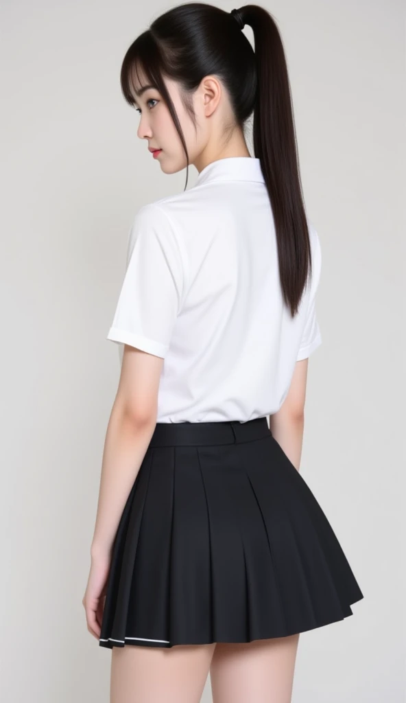 japanese schoolgirl,skinny,sloping shoulders,white shirt,tight skirt,pony tail,back view