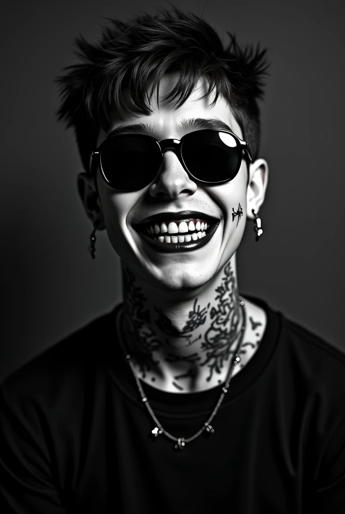 Black and white picture where a guy wearing hodie smiling with black teeth. And make the guy misterius and scary wearing a sunglass, and put some piercing on him and tatoes on his face 