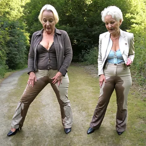 in the style of kitsch Photography | two Detailed Elderly Mature Older Aging Women in her 70's , business suit, details outfit | she is standing outdoor rural cottage farm setting, (Skin Wrinkles:0.5), (Smile Lines:0.3), 32k, pee pants, wetting, pee drippi...