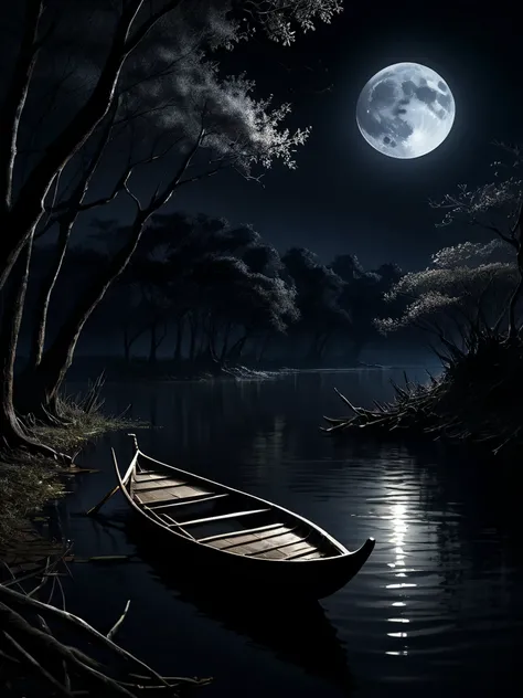 a wide river with a sampan tied on it,  moonlight with dim shadow shining, dark night with little forest As background, there's a tree branches without any leaf, no human, masterpiece, spooky night. ultra hd. super detailed. hyperrealistic. High Resolution...