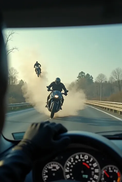  close shot :  The driver inside the car, wearing black gloves, strongly presses the gas pedal, and the indicator exceeds 200 km /h.

Top shot: . The two motorcycles are approaching quickly, one of them jumps on a side slope, lands directly in front of the...