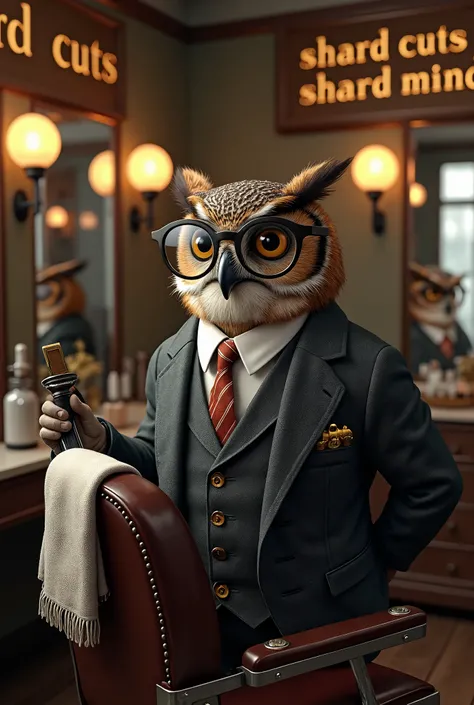 An intelligent-looking owl stands behind a vintage barber chair in a stylish barbershop. He wears a perfectly tailored three-piece suit with a golden pocket watch chain hanging from his vest. His large round glasses rest low on his sharp beak as he inspect...