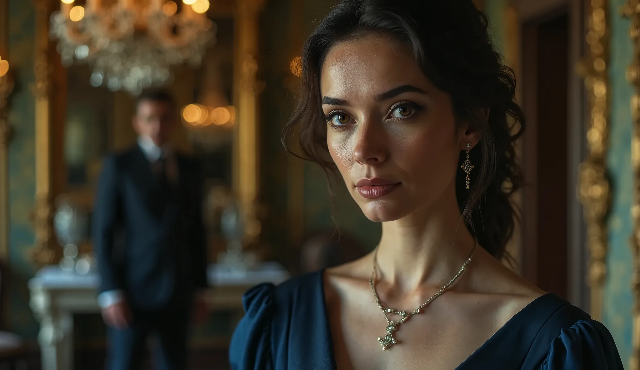 Close-up of a beautiful woman in an elegant dark blue dress, her face glowing with a mix of arrogance and hidden pain. Background: opulent mansion interiors crumbling into ashes, golden chandeliers melting. Cinematic lighting, ultra-detailed, MrBeast-style...