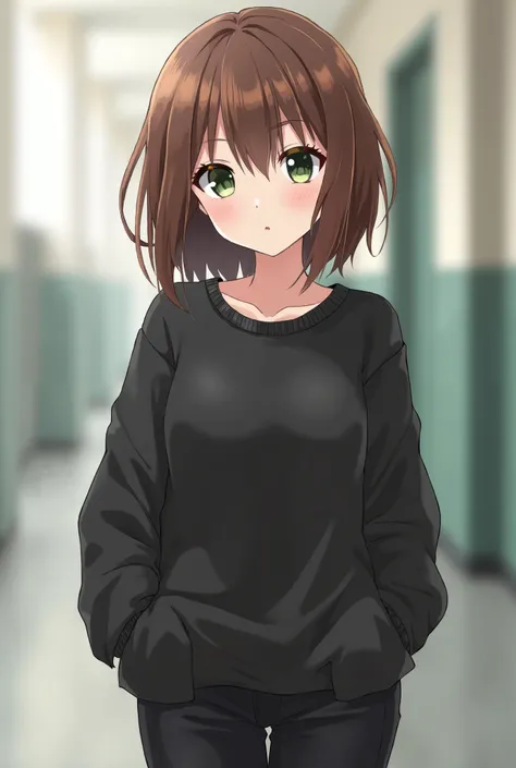 Hello, please create an anime-style character with this appearance:  brown, Short, slightly shaggy hair with long bangs on the sides and slightly narrow, dark green eyes. wears a , black shirt top, fleece sweatshirt and black pants. School background.