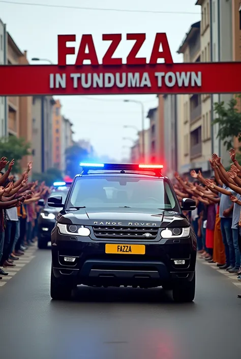 "A lively and exciting 'Home Coming' celebration in Tunduma Town, featuring a convoy of black Range Rovers with flashing red and blue police lights, driving through a smooth tarmacked road. The road is lined with jubilant Tanzanians cheering with excitemen...