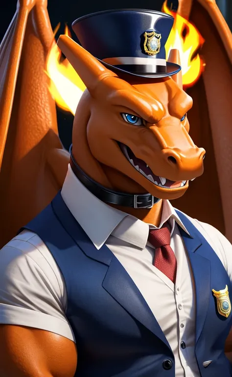 Solo, Male, close up, fat, musclegut, obese, gentleman, dapper Charizard, blue eyes, wearing a big leather collar around his neck, (soft shading), 4k, hi res, ((detailed face, detailed)), looking at viewer, evil grin, collared shirt with buttons, top-hat, ...