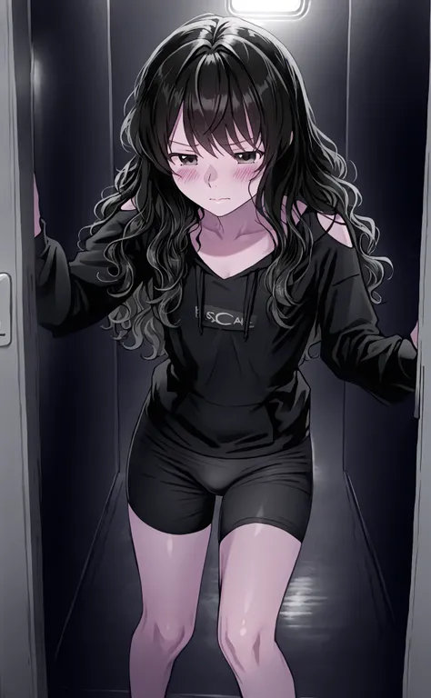 The girl is standing in front of a leaning door,1 person, Solo, quality, Black theme set, Short black wavy hair, Frameboy,  flat chest , Female-like concave curves,  cute, Blushing because of shyness, Frameboyรูแม็ทช์, There is a bulge on the crotch