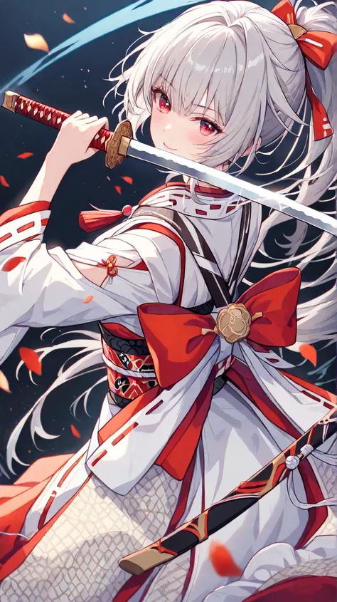 Shrine maiden outfit（Scarlet Eyes、 close one eye、 Silver Hair）(holding a Japanese sword with both hands), (unsheathe draw a japanese sword), (a sheath), (Put your hand on the pattern of a Japanese sword), holding a sword 、 Smile、Black Sword、 with a sword p...