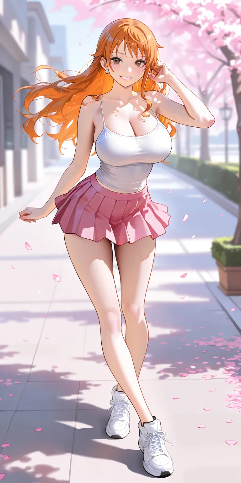 Masterpiece, newest, vibrant, very aesthetic, high contrast, mature woman, nami\(one piece\), white color spaghetti strap top, pink color pleated mini skirt, white sneakers, full body, happy face, park (falling petals), best quality, semrealistic, cowboy s...