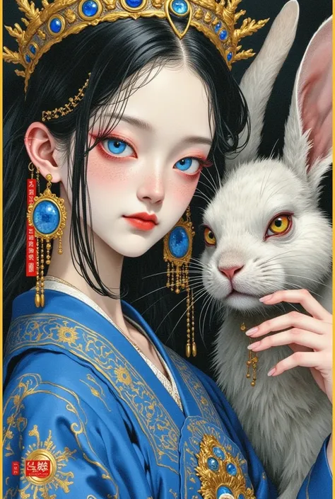 A painting of a woman in a kimono wearing a crown and a rabbit,  with loose hair，A detailed painting inspired by Cheng Yanjun ,  is popular in the CG society , Aestheticism, Gu Weiss,  yanjun chengt , artwork in the style of Gu Weiss,  krenz cushart and we...