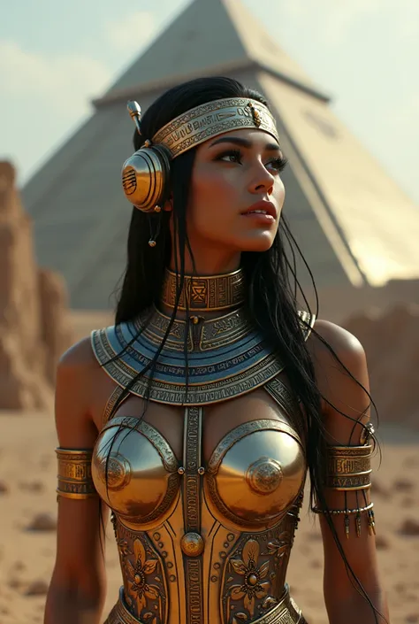 A stunning Egyptian woman in a retro-futuristic cyber-diesel-punk suit, adorned with intricate metallic engravings and glowing circuitry, stands with confidence before a colossal pyramid-shaped spaceship. The spaceship, a fusion of ancient mysticism and di...