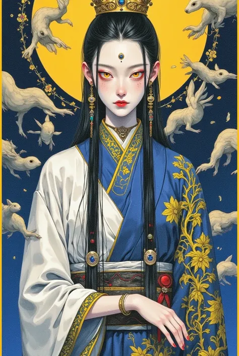 A painting of a woman in a kimono wearing a crown and a rabbit,  with loose hair，A detailed painting inspired by Cheng Yanjun ,  is popular in the CG society , Aestheticism, Gu Weiss,  yanjun chengt , artwork in the style of Gu Weiss,  krenz cushart and we...