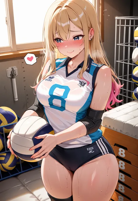 masterpiece, best quality, amazing quality, 2 girl, (gyaru:1.2), volleyball uniform, black buruma, holding ball, (yuri:1.4), hugging each other, holding ball, (young women:1.2), thick thighs, Collared volleyball uniforms, sleeveless, (buruma:1.2), volleyba...