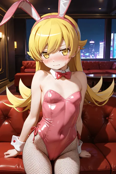 NSFW, Masterpiece, top quality, Hi-Res, very detailed,Shinobu Oshino\( monogatari series\), Playboy Bunny, fishnet tights,bar,Private room,Sofa, Low Table,Embarrassed,blush