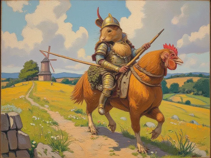 Hamster in full plate armor holding a lance, riding on a chicken. Windmill in the distance, medieval, impressionist painting