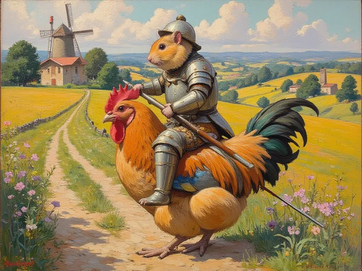 Hamster in full plate armor holding a lance, riding on a chicken. Windmill in the distance, medieval, impressionist painting