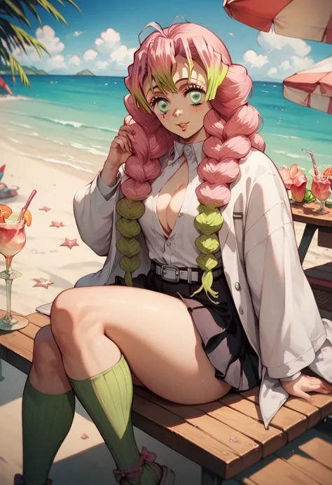 Mitsuri Kanroji curly pink hair green eyes big boobs shaved abdomen thick thighs Big black blouse black skirt socks Green sexy white coat sitting on white beach