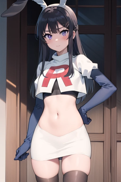 (masterpiece:1.2), best quality, high resolution, MaiSakurajima, 1girl, solo, long hair,bunny ears, black hair, hair ornament, purple eyes, hairclip, team rocket,team rocket uniform,white skirt,red letter R,crop top,black thigh-highs,black elbow gloves