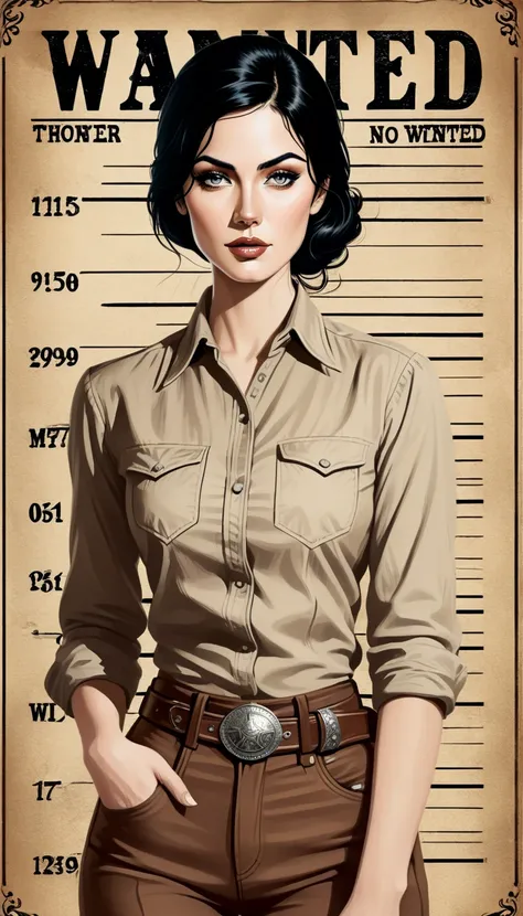 (A vintage Wild West wanted poster) featuring a beautiful young woman (facing the camera like on a mug shot, in front pose, front-posing). She has short black hair styled into a onion-shaped tending upwards. Her piercing grey eyes are emotionless, with a d...