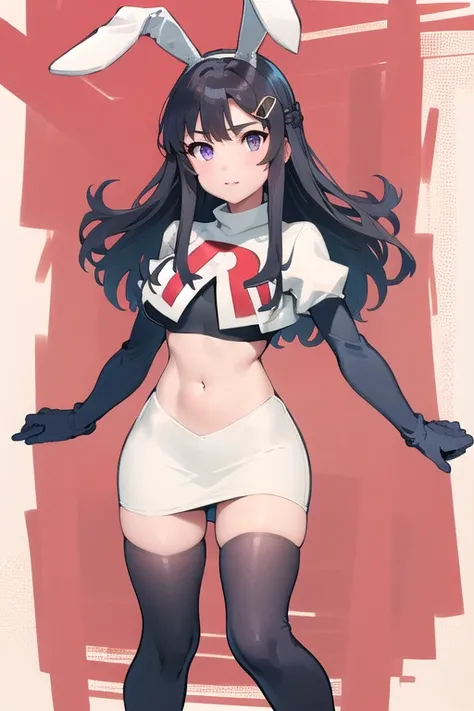 (masterpiece:1.2), best quality, high resolution, MaiSakurajima, 1girl, solo, long hair,bunny ears, black hair, hair ornament, purple eyes, hairclip, team rocket,team rocket uniform,white skirt,red letter R,crop top,black thigh-highs,black elbow gloves