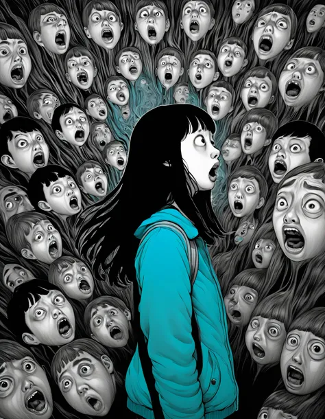 An illustration、art、Supervised by Junji Ito、Overaction、Overreaction、Pretending to be scared、Attention to detail, Realistic shadows、Analog Style, chromatic aberration, Surrealism