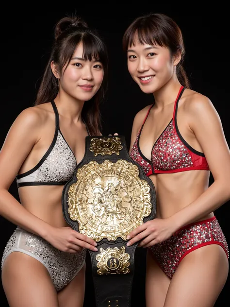  4K Raw Photo.
One championship belt, offered with a smile by two beautiful young Japanese women in sparkling women's wrestling costumes, is inscribed in the center with the words “500F congratulation!