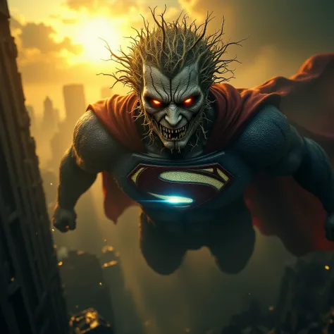  Superman — The Last Infected Son

Light Composition and Angle :
 The camera shakes slightly ,  capturing Superman in the air , like a fallen god ,  hanging over a devastated Metropolis . the sun,  formerly a symbol of his strength ,  now shines through a ...