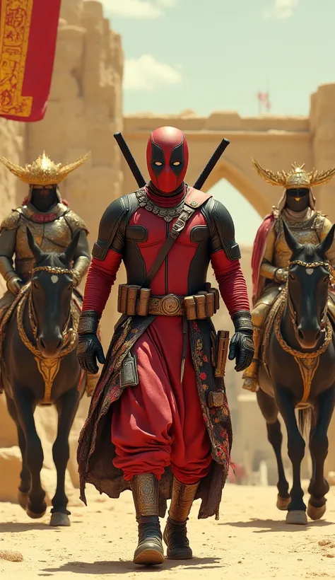 "Deadpool, dressed in an elaborate fusion of Middle Eastern warrior attire and his signature red and black suit, walks confidently through an ancient desert city. His outfit features a richly detailed robe with intricate embroidery, layered armor with meta...