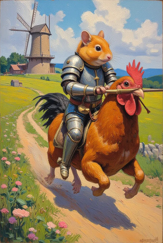 Hamster in full plate armor, jousting, riding on a chicken. Windmill in the distance, medieval, impressionist painting