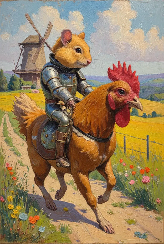 Hamster in full plate armor, jousting, riding on a chicken. Windmill in the distance, medieval, impressionist painting