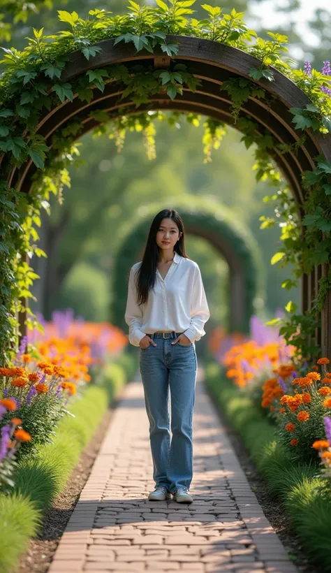 asian age woman, wearing modern clothes, standing front a serene garden pathway lined with vibrant orange and purple flowers, covered by an arched wooden pergola intertwined with lush green vines, creating a peaceful and inviting atmosphere. The path is ma...