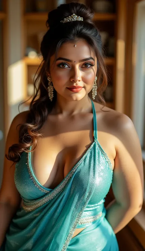 highly voluptuous curvy Bengali busty curvy beauty milf sexy milf,showing clean armpits,very deep cleavage,curvy voluptuous model wearing glittering sky blue sleeveless thin strap V cut neck  saree exposing cleavage,curvy big ass figure,big large heavy bre...