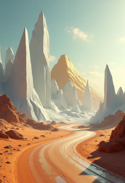 Road in the Sahara desert with tall ice pyramids and with peak gold