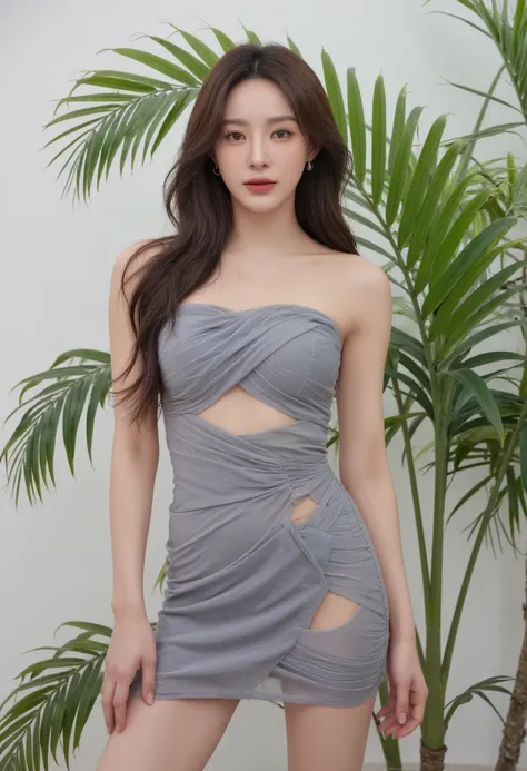 a woman in a gray dress standing in front of a plant, long dress, tight dress, wearing a long dress, sexy dress, wearing an elegant dress, skintight dress, transparent gray dress, 2 female model, tall thin beautiful goddess, simple dress, revealing stylish...