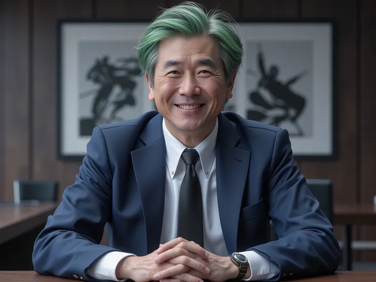  middle-aged man,  green hair , Good looking, Asian, White skin, Handsome Tee, Sincronizza, Conference table ,  blue formal dress , Black tie, A handsome smile,  Realistic,  Masterpieces,movies, 8k resolution,  Clear details.