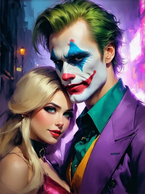 Artgerm style oil painting, beautiful couple portrait, highly detailed, cinematic lighting. Handsome humanoid android male, strong features, athletic, shoulder-length blond hair, deep blue eyes, subtle Joker-inspired makeup (green eyes, red lips). Beside h...