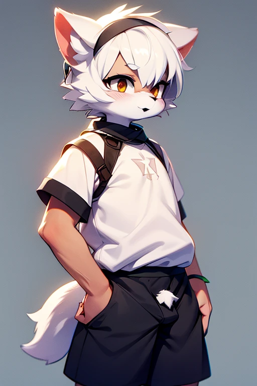 Simplebackground ， Successful white hair ， Short hair details ， Frame tail ， Men ， Human - Shaped ， White with a vulgar ， short trousers ， light white fur ， white ears ， 