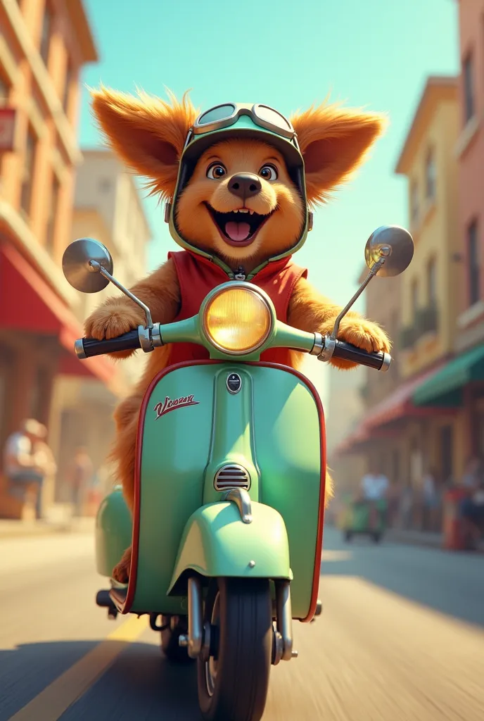 A cheerful dog riding a retro-style scooter, wearing a snug helmet with goggles. The dog has its ears slightly flapping in the wind, and its paws firmly gripping the handlebars. The background is a sunny city street with a slight motion blur, giving a sens...