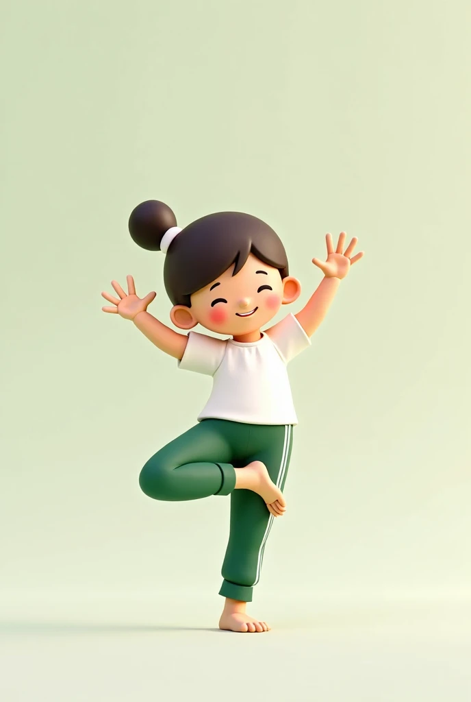 Small  doing yoga exercise wearing white tshirt and green sweatpants with white line on sides animated very cute close hands