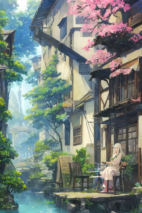 Courtyard painting 、 table and chair 、 and painting of a woman holding a bench , Anime Background Art, Relaxing Conceptual Art, anime scenery concept art,  extremely detailed scenes,  beautiful artwork illustration ,  detailed landscape — width 672 , Ghibl...