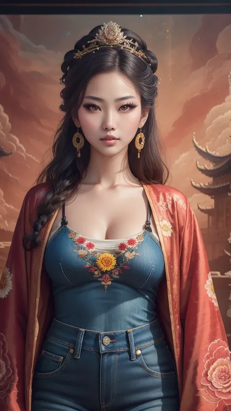 Best Quality, Masterpiece, Ultra-Detailed High Resolution, (Realistic: 1.4), Original Photo, , Illustration, 1 Girl, Handheld Weapon, (Solo Exhibition: 1.2), (Denim Lens: 1.2), (Hair Crown: 1.2), Chinese Dunhuang Traditional Costume, No Straps, (Red Eyelin...