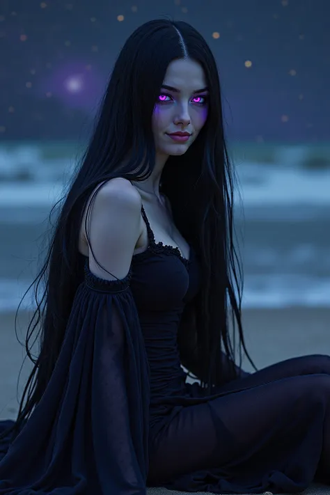 Witch woman with straight, long black hair and infinitium-purple eyes with pale skin with an enigmatic smile sitting on a black sand beach on a starry night, She wears a dress made of black rags, and has a mysterious and seductive purple and greenish aura,...